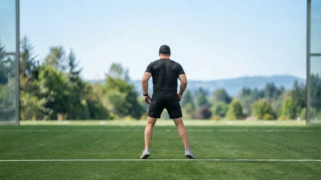 Adult hockey player training off the ice